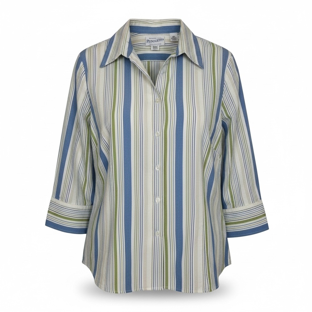 Pendleton Womens Blue Green Striped 3/4‎ Sleeve Button Up Shirt Size L